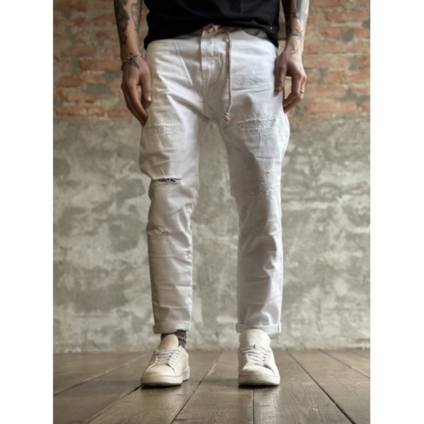 Pantalone Od bianco con cordino e strappetti